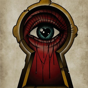 Peek-A-Boo-Hoo-Who, Keyhole, Neo-Traditional Tattoo Flash, Old School, Art Print 12x16