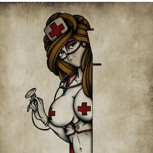 Hello Nurse, Neo-Traditional Tattoo Flash, Old School, Art Print 12x16