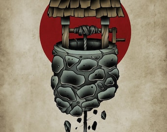 Wishing Well, Neo-Traditional Tattoo Flash, Old School, Art Print 12x16