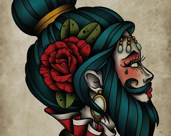 Bearded Lady, Carnival, Circus, Freak-show, Neo-Traditional Tattoo Flash, Old School, Art Print 12x16