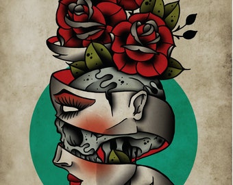 Flesh & Bone, Roses, Neo-Traditional Tattoo Flash, Old School, Art Print 12x16
