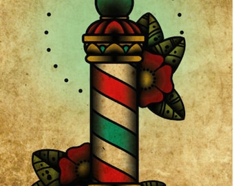 Barber Poll, Neo-Traditional Tattoo Flash, Old School, Art Print 12x16