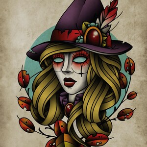 Bewitched, Witch, Neo-Traditional Tattoo Flash, Old School, Art Print 12x16