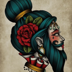 Bearded Lady, Carnival, Circus, Freak-show, Neo-Traditional Tattoo Flash, Old School, Art Print 12x16