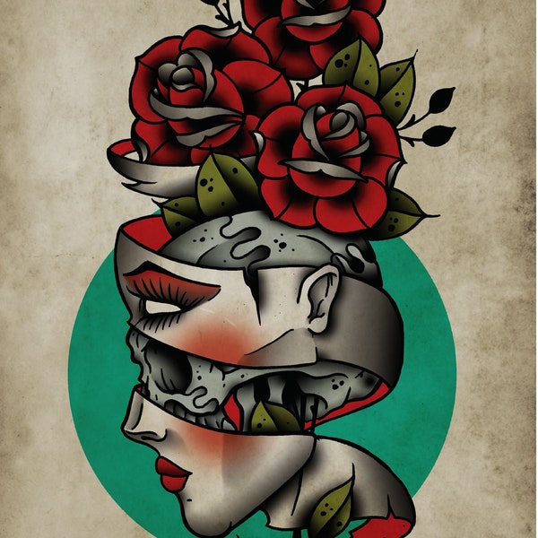 Flesh & Bone, Roses, Neo-Traditional Tattoo Flash, Old School, Art Print 12x16