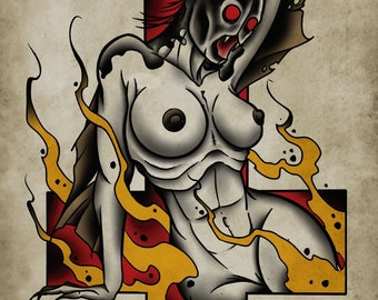 Booby Bat Lady 2, Cross, Flames Neo-Traditional Tattoo Flash, Old School, Art Print 12x16