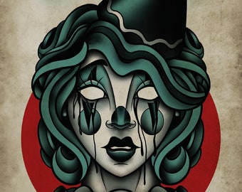 Tears of a Clown, Neo-Traditional Tattoo Flash, Old School, Art Print 12x16