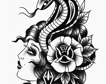 Lady Charmer, Snake, Cobra, Traditional Lady Head Tattoo, Old School, Art Print 12x16