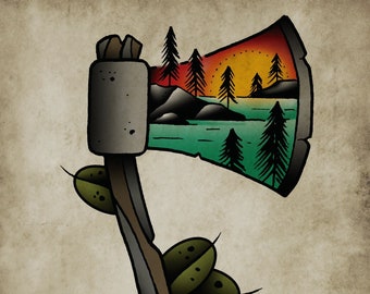 Hatchet, Outdoors, Camping, Neo-Traditional Tattoo Flash, Tattoo, Old School, Art Print, 12x16