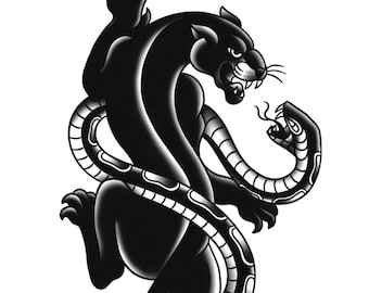 Crawling Panther & Snake, Panther Tattoo, Snake Tattoo, Traditional Flash, Black and White, Old School, Art Print 12x16