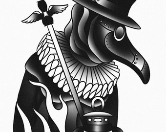 Plague Lantern, Plague Doctor, Traditional Tattoo Flash, Black and White, Old School, Art Print 12x16