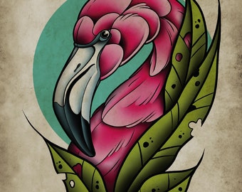 Flamingo Go Go, Nature, Neo-Traditional Tattoo Flash, Old School, Art Print 12x16