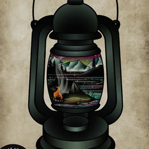 Lantern, Outdoors, Camping, Neo-Traditional Tattoo Flash, Old School, Art Print 12x16