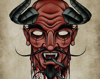 Devil Head, Dark, Neo-Traditional Tattoo Flash, Old School, Art Print 12x16