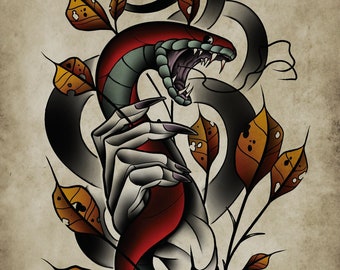 Snake Bite, Neo-Traditional Tattoo Flash, Old School, Art Print 12x16
