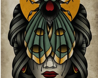 Moth Mouth, Moth Lady, Neo-Traditional Tattoo Flash, Old School, Tattoo, Art Print, 12x16