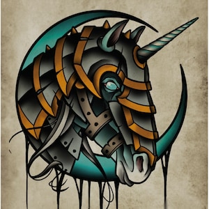 Knightmare, licorne, cheval, chevalier, tatouage flash néo-traditionnel, old school, impression d'art 12 x 16