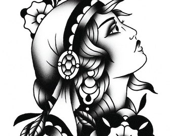 Traditional Gypsy Head, Blackwork, Black & White, Traditional Tattoo Flash, Old School, Art Print 12x16