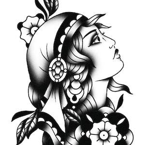 Traditional Gypsy Head, Blackwork, Black & White, Traditional Tattoo Flash, Old School, Art Print 12x16 image 1