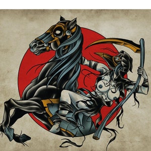 Dark Horse Rides, Plague Doctor, Neo-Traditional Tattoo Flash, Old School, Art Print 16x12 image 1