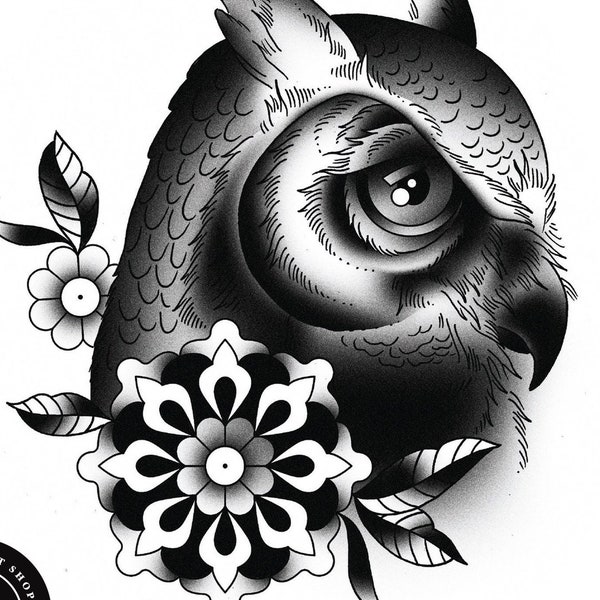 Owl Portrait, Black and White, Traditional Tattoo Flash, Old School, Art Print 12x16