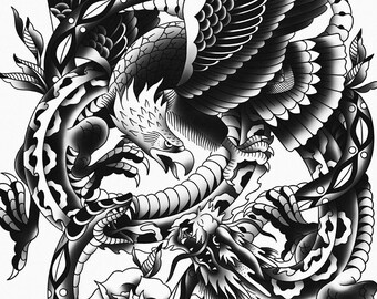 Battle Royale, Eagle, Dragon, Snake, Traditional Tattoo Flash, Black and White, Old School, Art Print 12x16