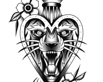 Sacred Heart Tiger, Traditional Tattoo Flash, Black and White, Old School, Art Print 12x16