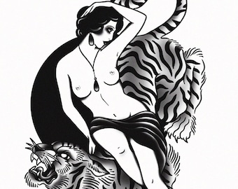 Tiger Ride, Lady, Pinup, Traditional Tattoo Flash, Black and White, Old School, Art Print 12x16