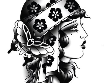 Butterfly Lady Head, Floral, Traditional Tattoo Flash, Black and White, Old School, Art Print 12x16