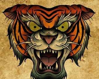 Tiger, Neo-Traditional Tattoo Flash, Old School, Art Print 16x12