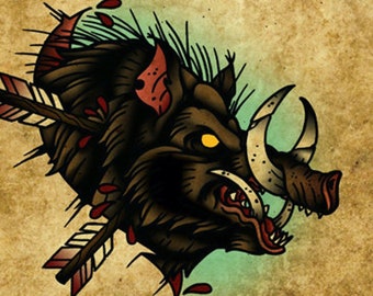 Boar - The Beasts Within Series, Neo-Traditional Tattoo Flash, Old School, Art Print 16x12