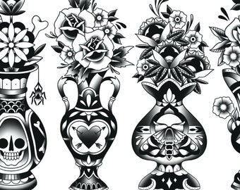 The Vases, Roses, Flowers, Tattoo, Traditional Flash, Black and White, Old School, Art Print 16x12