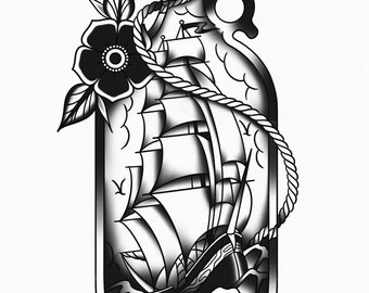 Ship in a Bottle, Nautical, Traditional Tattoo, Black and White, Old School, Art Print 12x16