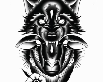 Sheep in Wolf's Clothing, Traditional Tattoo, Black and White, Old School, Art Print 12x16