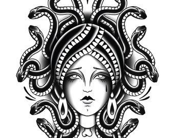 Medusa Head, Snakes, Traditional Tattoo Flash, Black and White, Old School, Art Print 12x16