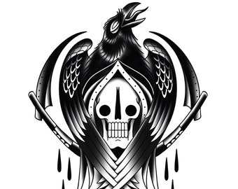 Reaper Raven, Traditional Tattoo Flash, Black and White, Old School, Art Print 12x16