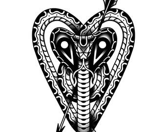 Snake Heart, Cobra, Arrow, Traditional Tattoo Artwork, Tattoo Flash, Black and White, Old School, Art Print 12x16