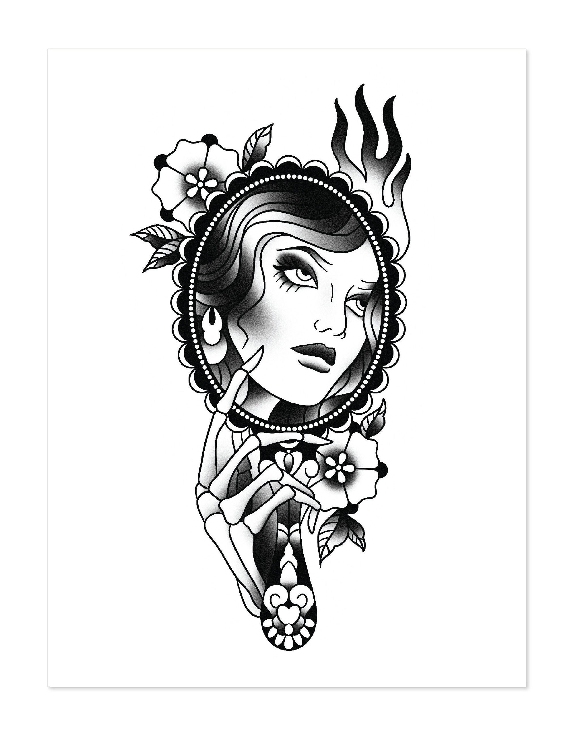 Death Mirror Lady Head Black and White Blackwork - Etsy