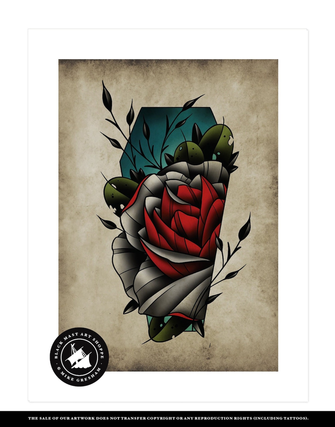 棺のバラ、ネオトラディショナルタトゥーフラッシュ、オールドスクール