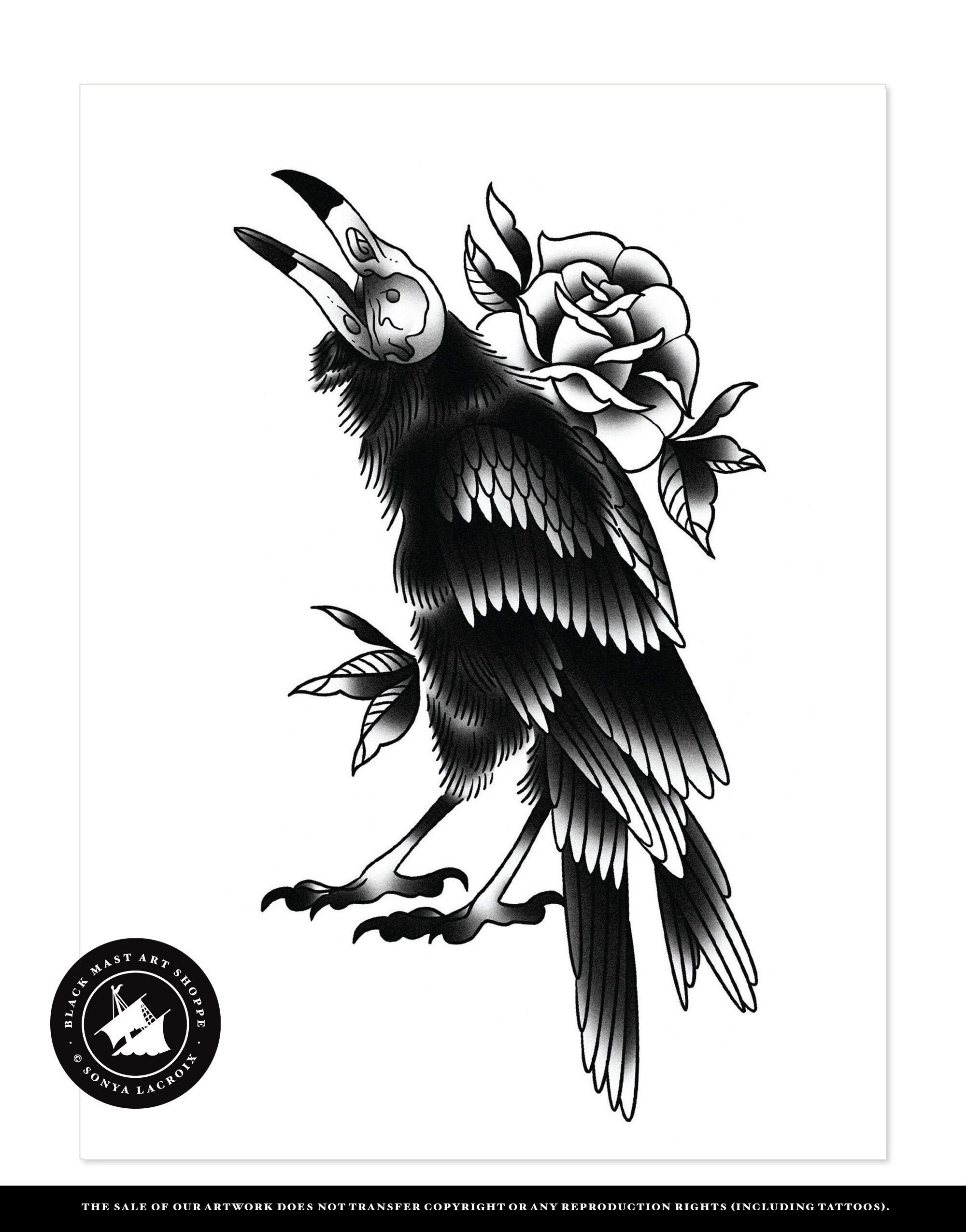 Death Raven Black and White Blackwork Traditional Tattoo - Etsy Israel