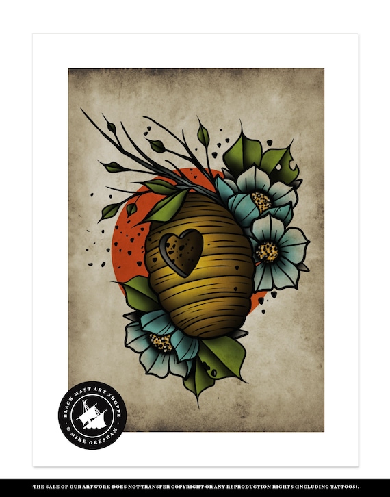 Bzzzz, Bee Hive, Flowers, Neo-traditional Tattoo Flash, Old
