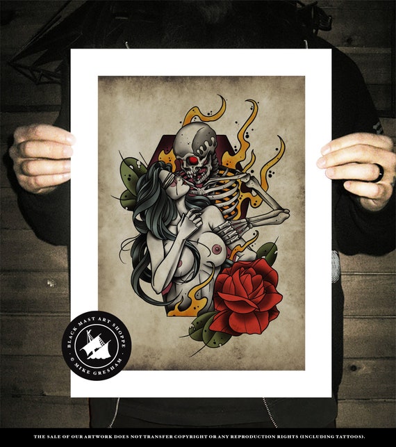 Dulce abrazo de la muerte calavera amor flash de tatuaje - Etsy España