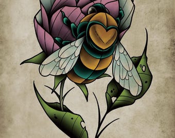 Abejorro, Abejorro, Colmena, Flores, Diseño de tatuaje neotradicional, Estilo clásico, Impresión artística 12x16