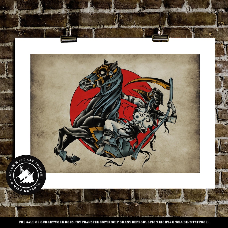 Dark Horse Rides, Plague Doctor, Neo-Traditional Tattoo Flash, Old School, Art Print 16x12 image 2