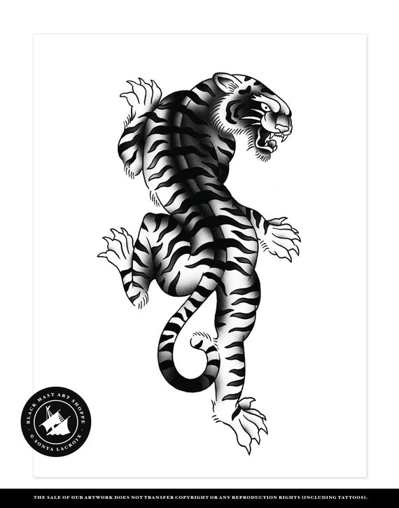 Tiger Line Art Drawing Black And White Tattoo Art | Tapestry