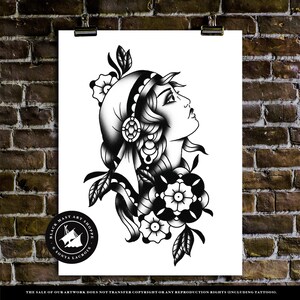 Traditional Gypsy Head, Blackwork, Black & White, Traditional Tattoo Flash, Old School, Art Print 12x16 image 2