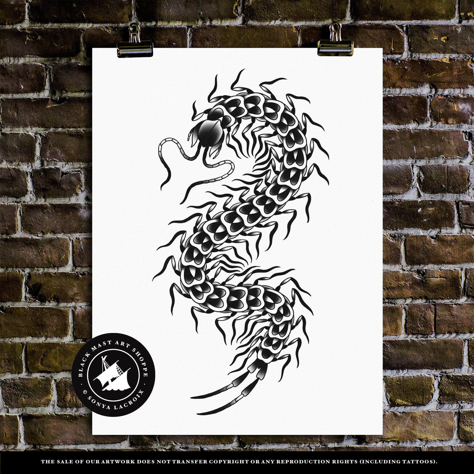 Centipede, Traditional Tattoo Flash, Black and White, Old School, Art