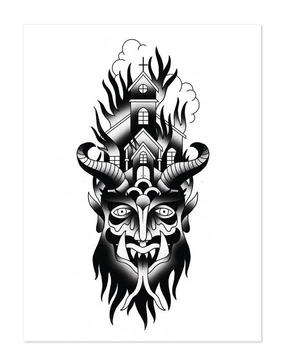 Damon Kopf Brennen Kirche Teufel Schwarz Und Weiss Etsy