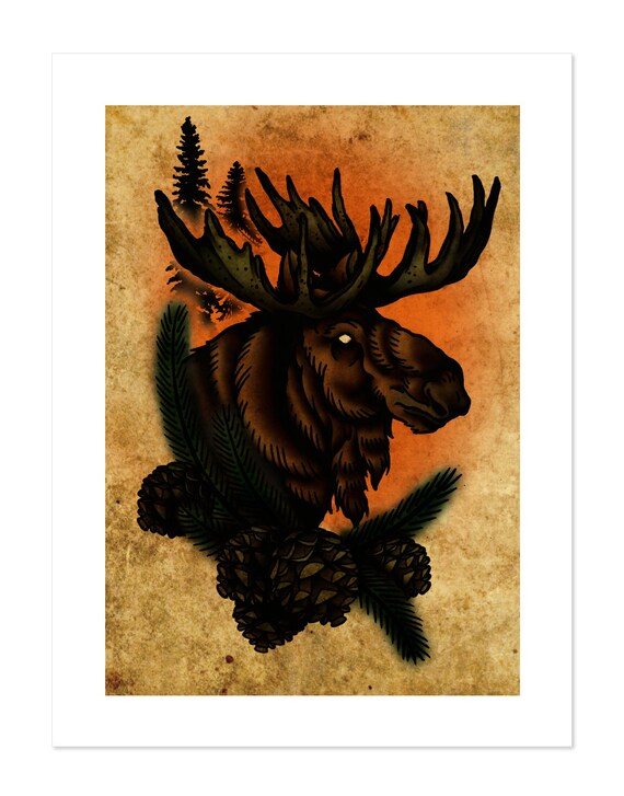 Moose Neo Traditional Tattoo Flash Old School Art Print Etsy