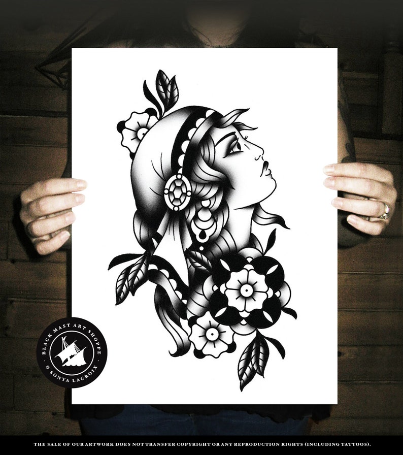 Traditional Gypsy Head, Blackwork, Black & White, Traditional Tattoo Flash, Old School, Art Print 12x16 image 3